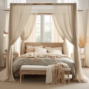 Natural Canopy Bed Linen Sheer Curtain